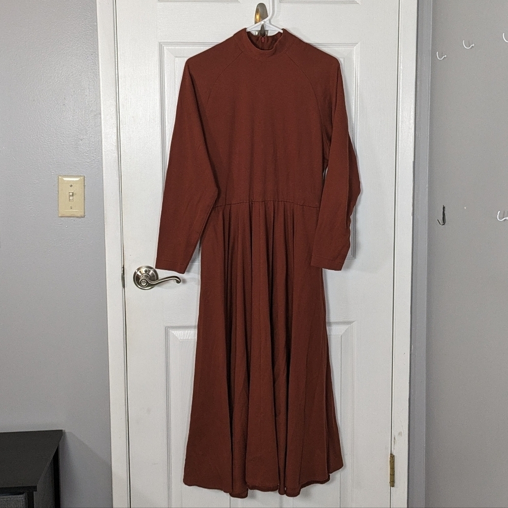 Vintage 80s Mock Neck Rosemary Brantley Burnt Orange Prairie Circle Dress Size S